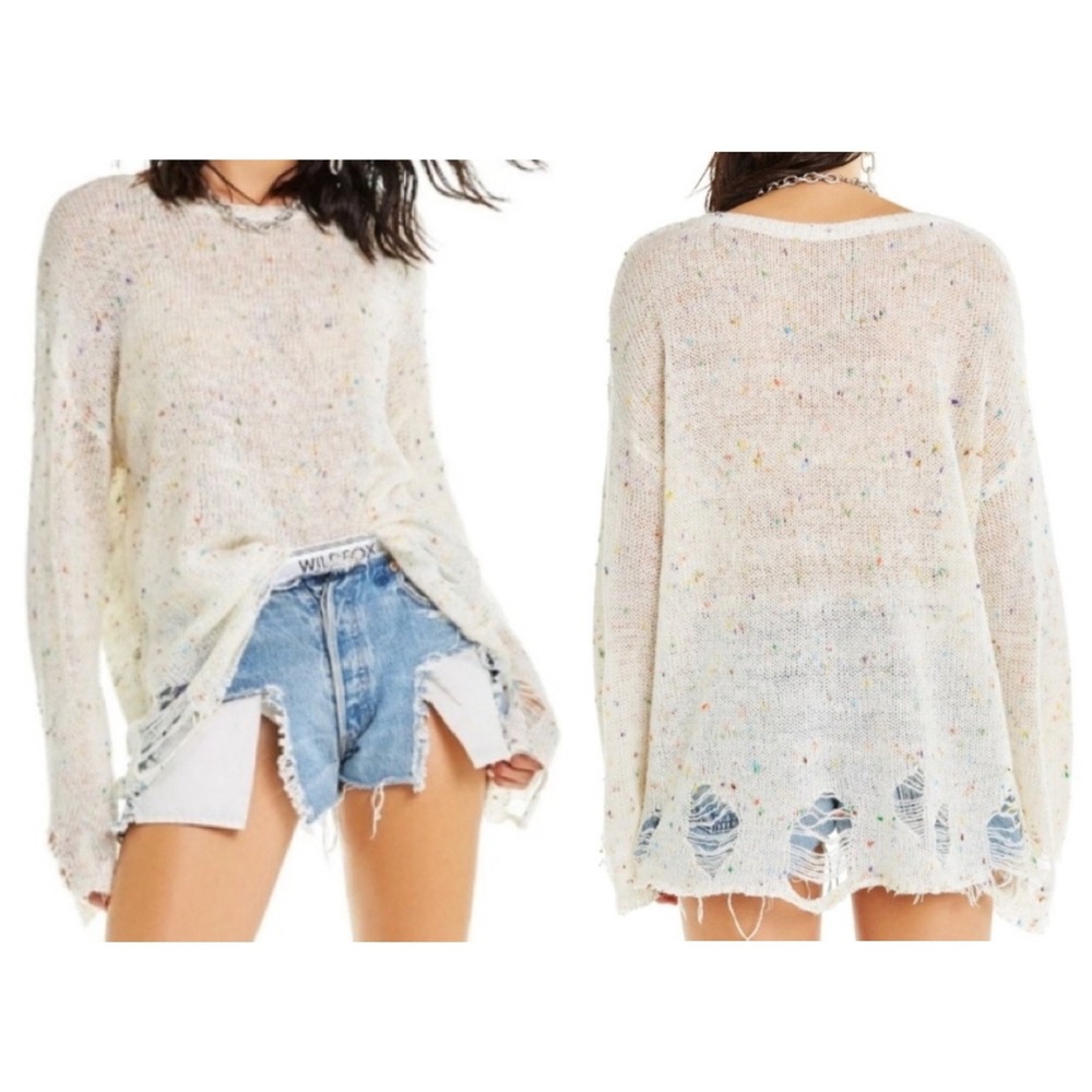 Wildfox Distressed Thin Knit Cream Sweater Multicolor‎ Confetti Soft Sz Small